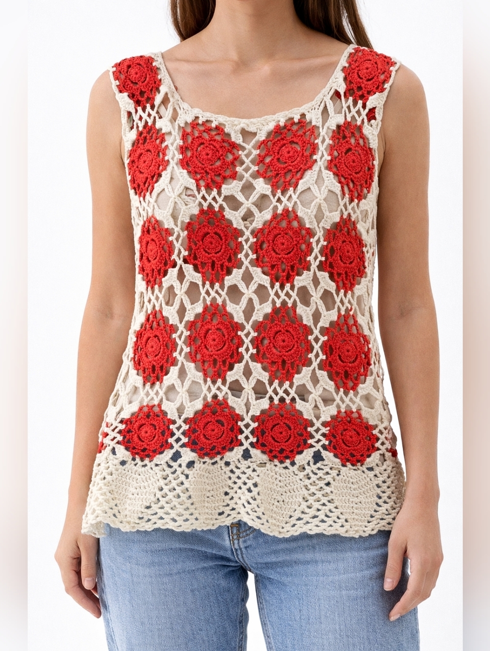 Maxine Mode Crochet Floral Top Cream & Red Size M/L